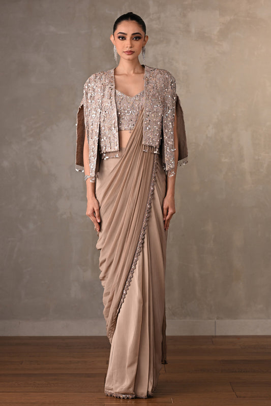 Tone-On-Tone Embroidered Drape Saree With Short Jacket