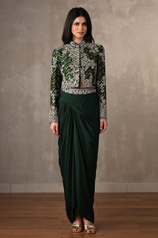 Emerald Embellished Jacket & Draped Skirt Set