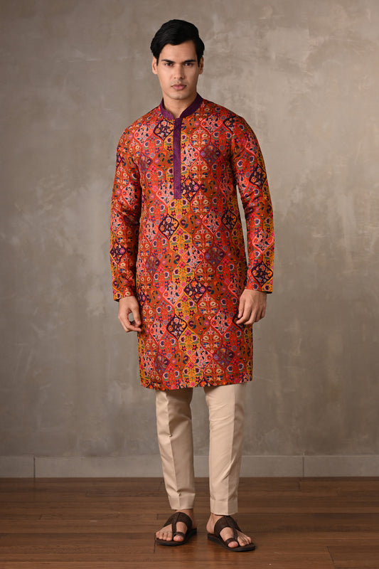 Yellow-Multicolour Festive Mosaic Silk Kurta