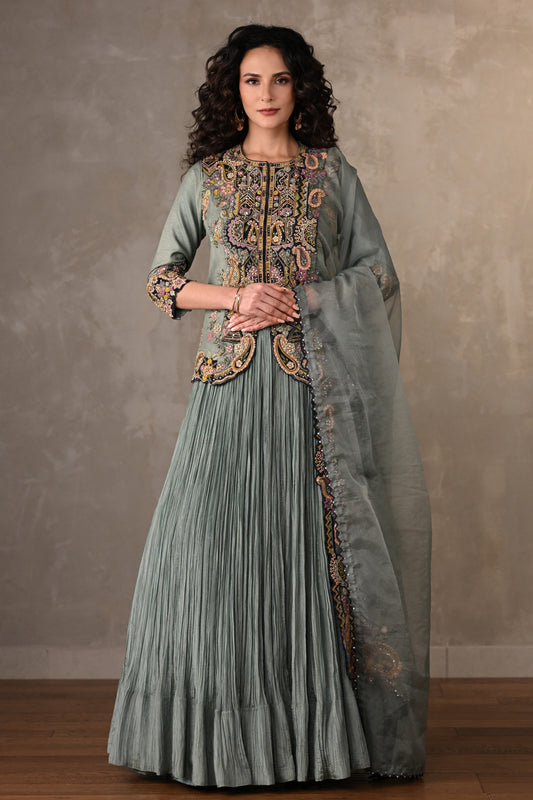 Sky Blue Rouge Crushed Organza Lehenga Set