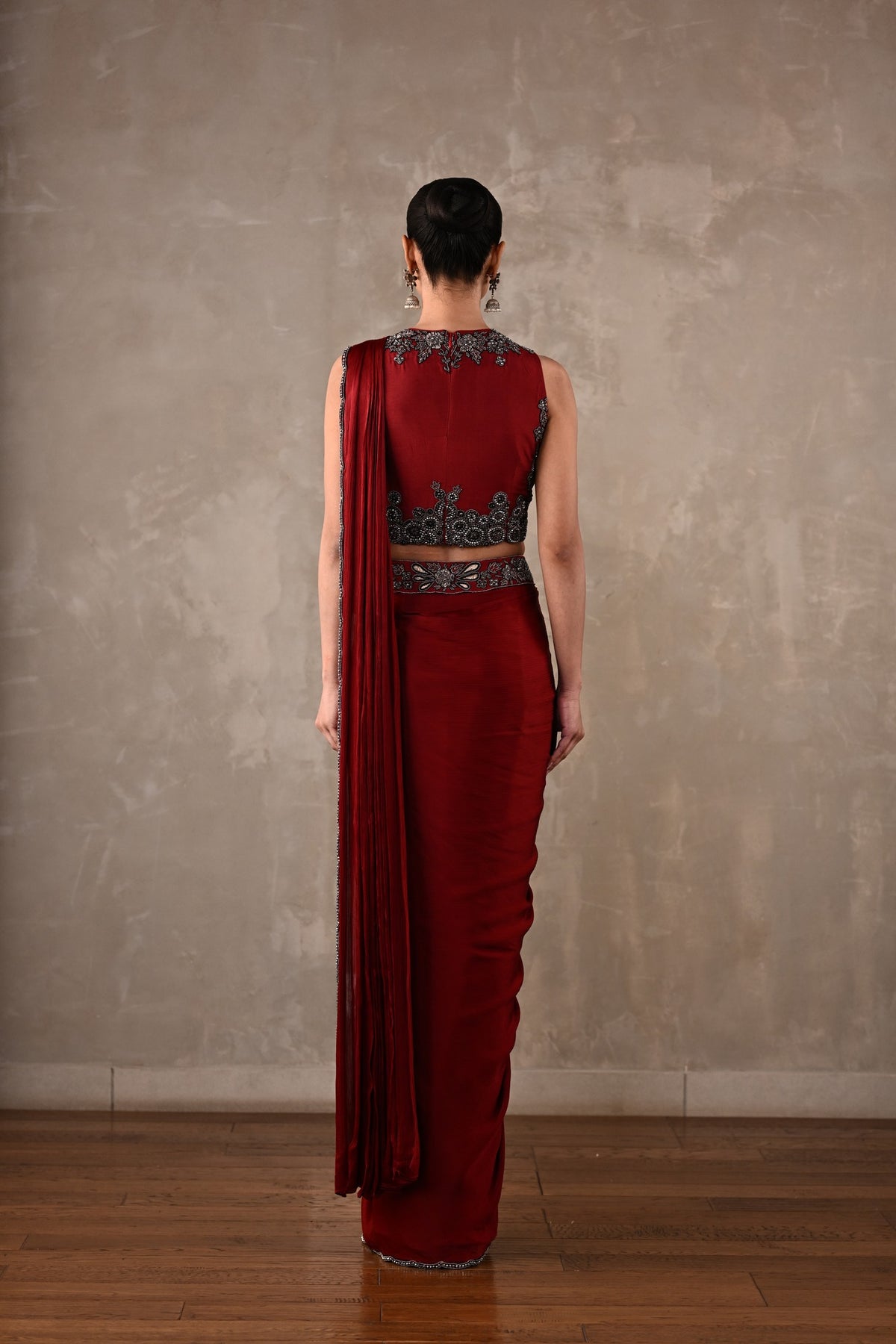 Maroon Embroidered Drape Saree Set