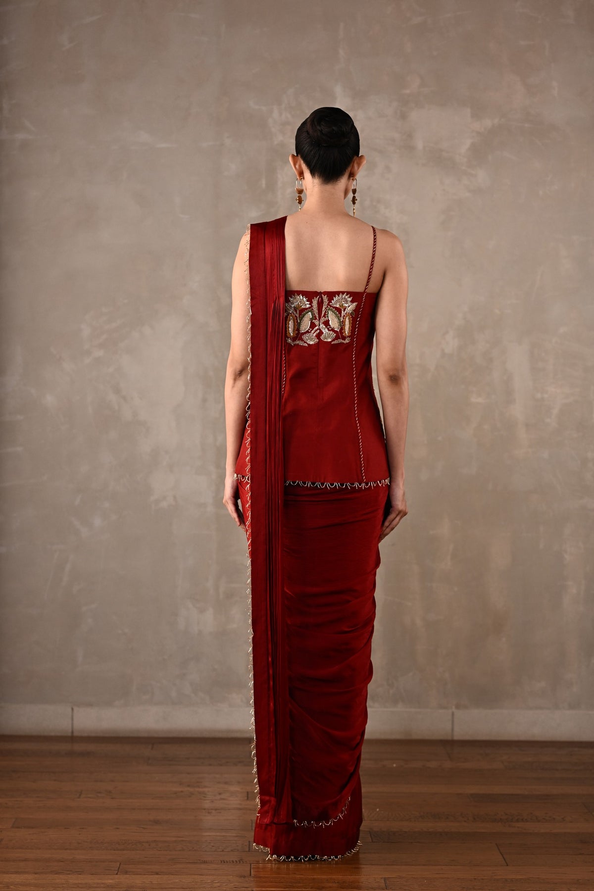 Floral Thread Embroidered Drape Saree Set