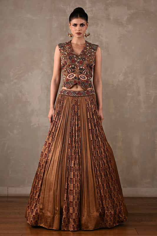 Embroidered Printed Satin Lehenga Set