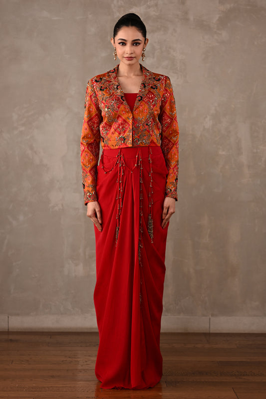 Pochampally Cropped Jacket & Drape Skirt Set