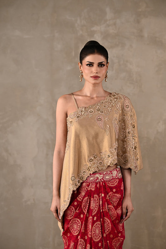 One-Shoulder Embroidered Top & Banarasi Skirt Set