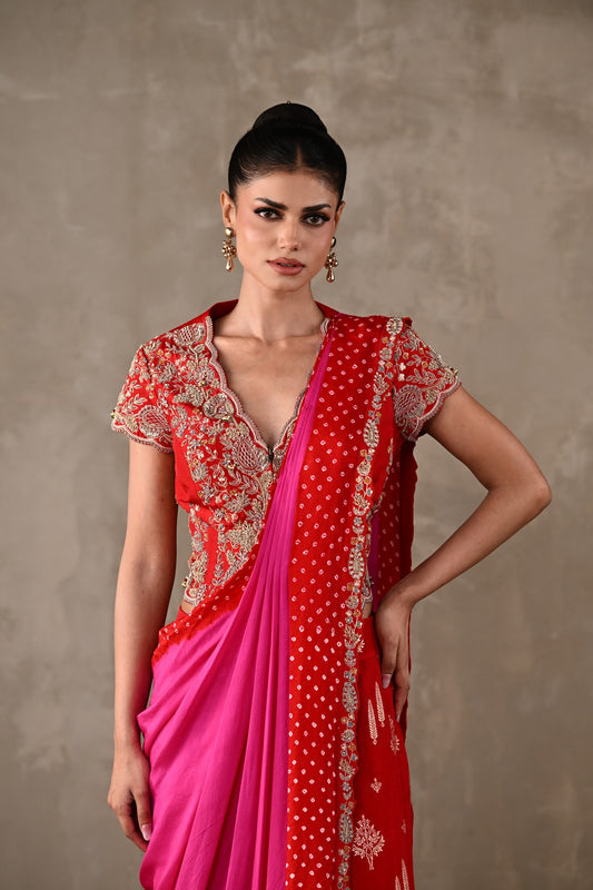 Bandhani Drape Set with Pleated Banarasi Pants