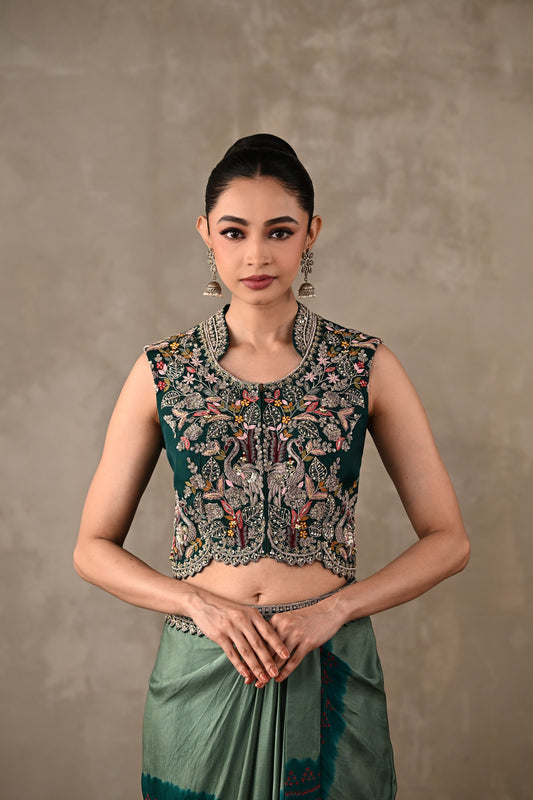 Embroidered Crop Top & Bandhej Drape Skirt Set