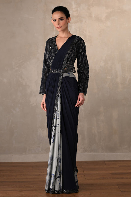 Noir Bloom Belted Crepe Drape Saree