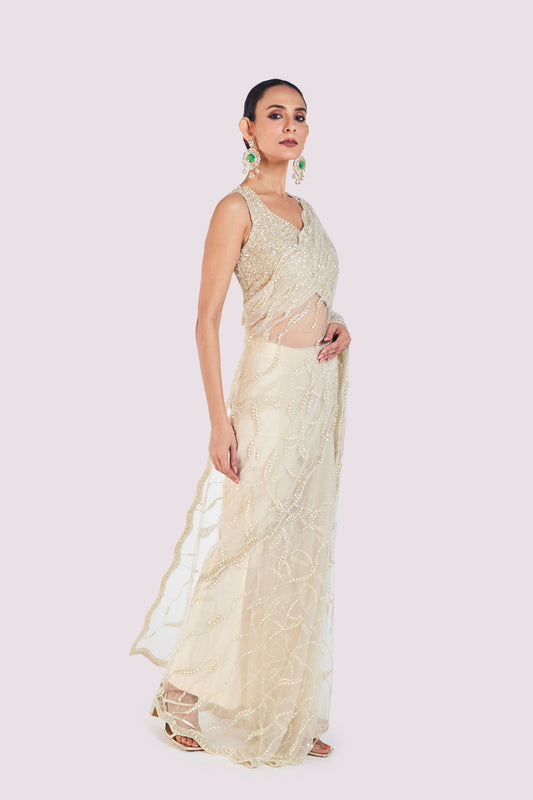 Ivory Embellished Net Saree