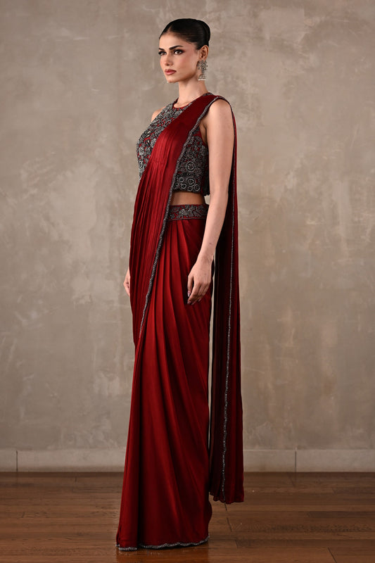 Maroon Embroidered Drape Saree Set