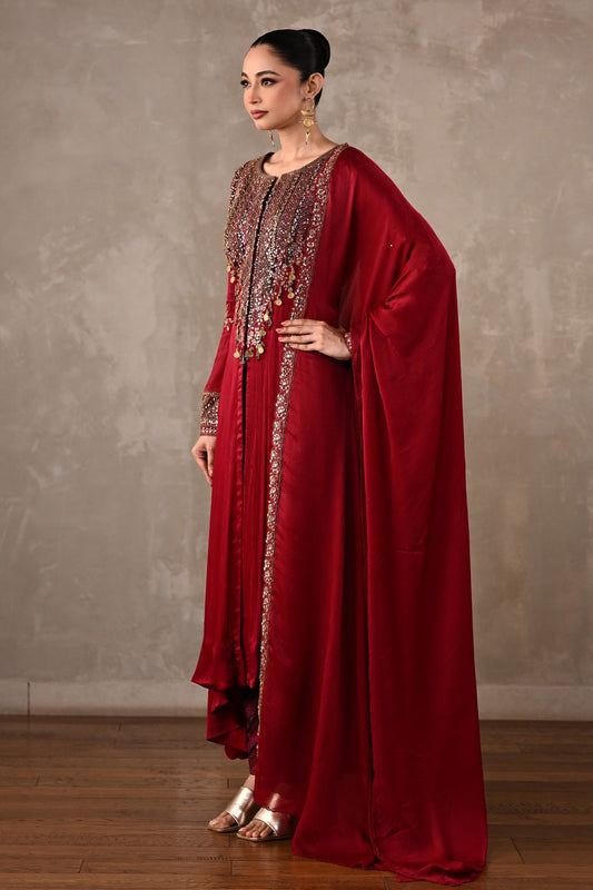 Embellished Satin Chiffon High-Low Kurta Set