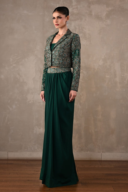 Embellished Crepe Drape Skirt & Cropped Jacket Set