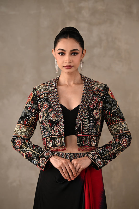 Multicolour Embroidered Cropped Jacket & Skirt Set
