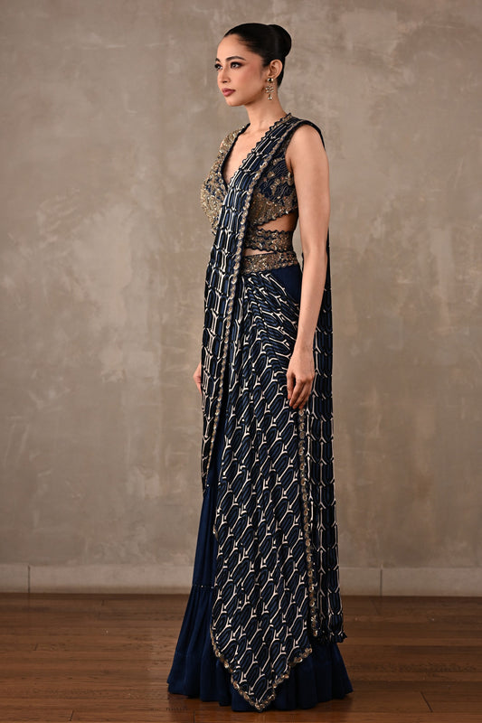 Printed Embroidered Drape Saree Set