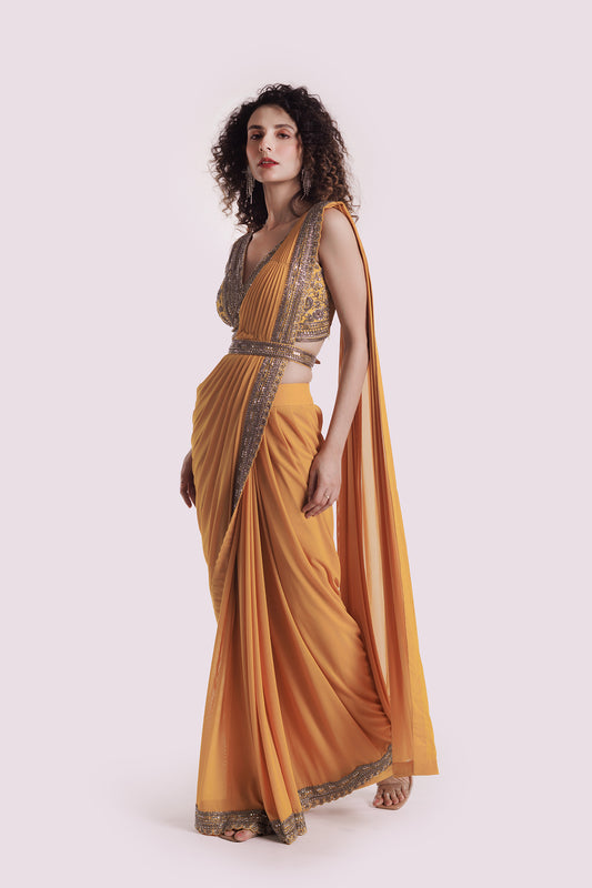 Embroidered Mustard Lycra Drape Saree