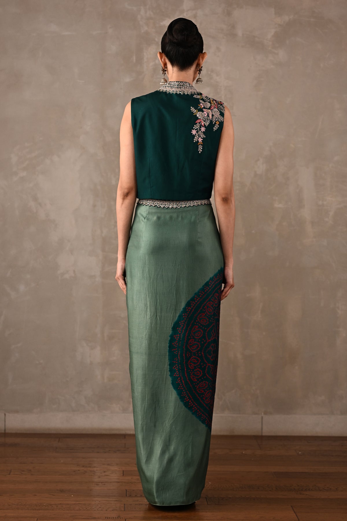 Embroidered Crop Top & Bandhej Drape Skirt Set