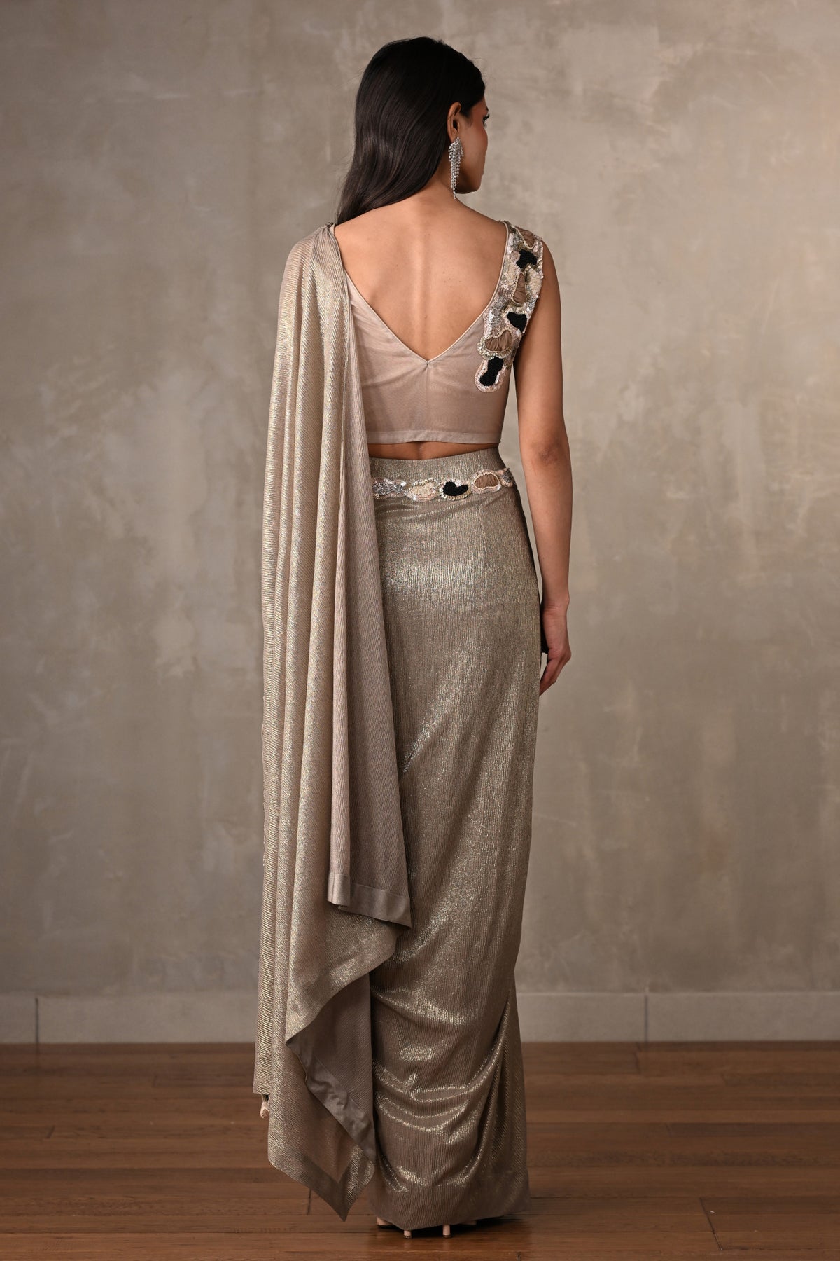 Dusty Grey Embellished Drape Saree Set