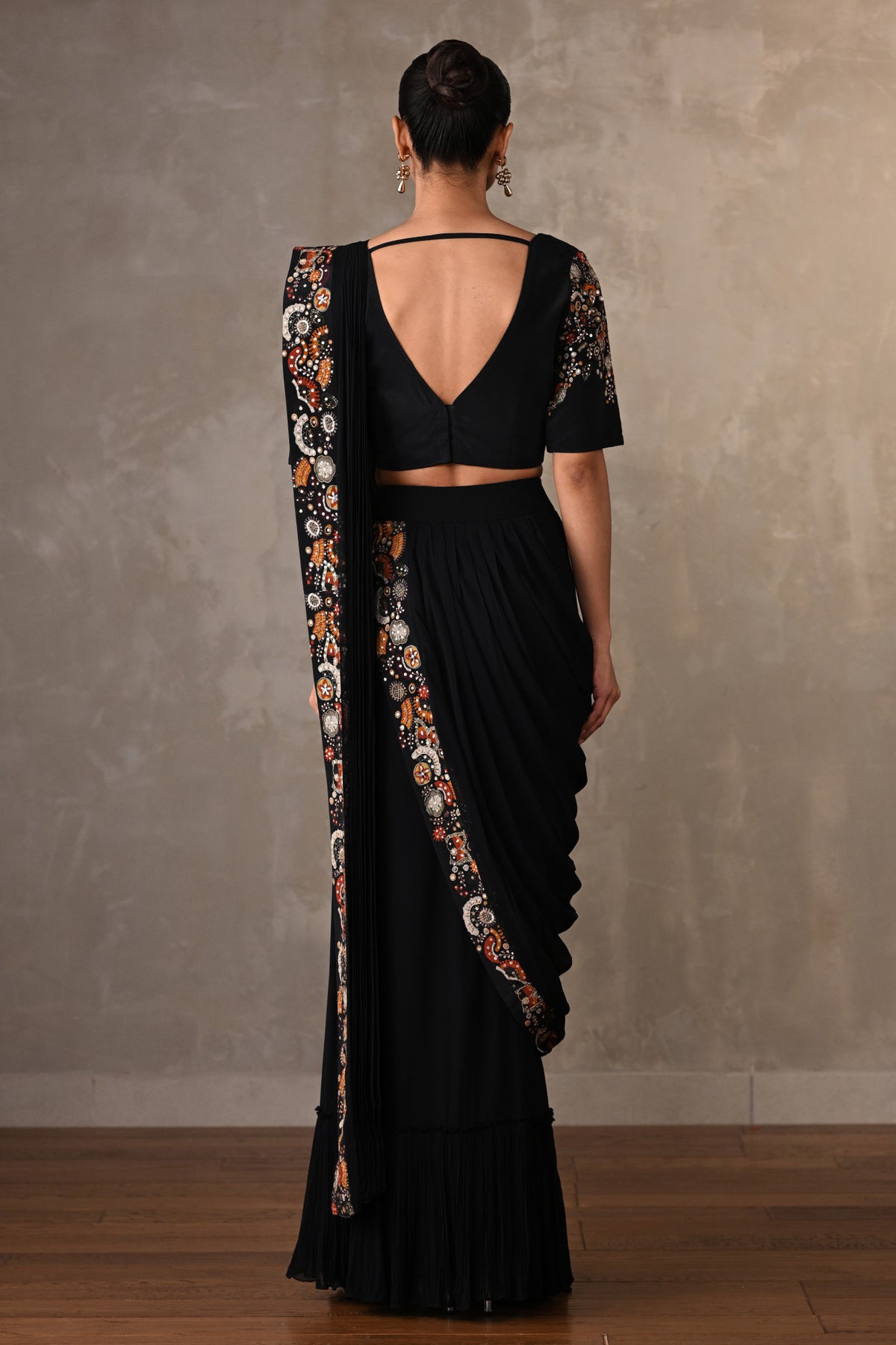 Black Embellished Pre-Stitched Saree Set