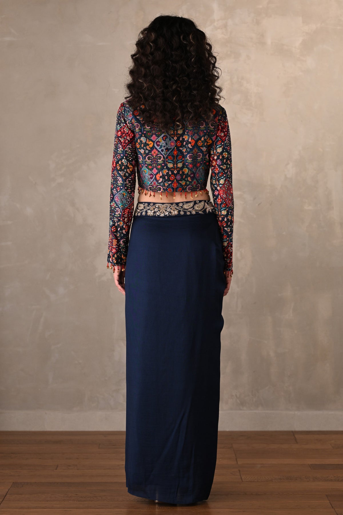 Navy Draped Silk Skirt With Multicolor Embroidered Jacket