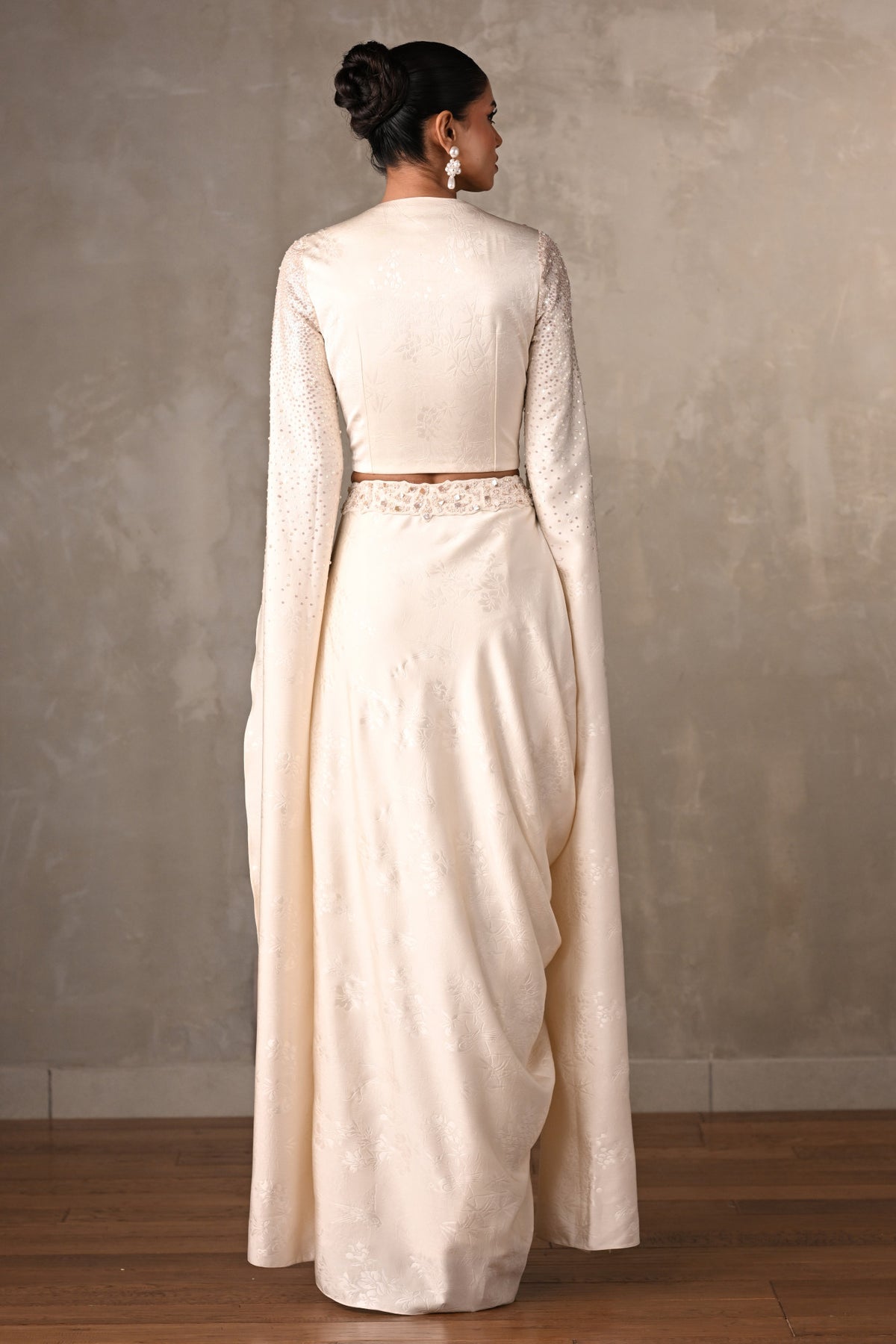 Ethereal Off-White Satin Cape Top & Draped Skirt Set