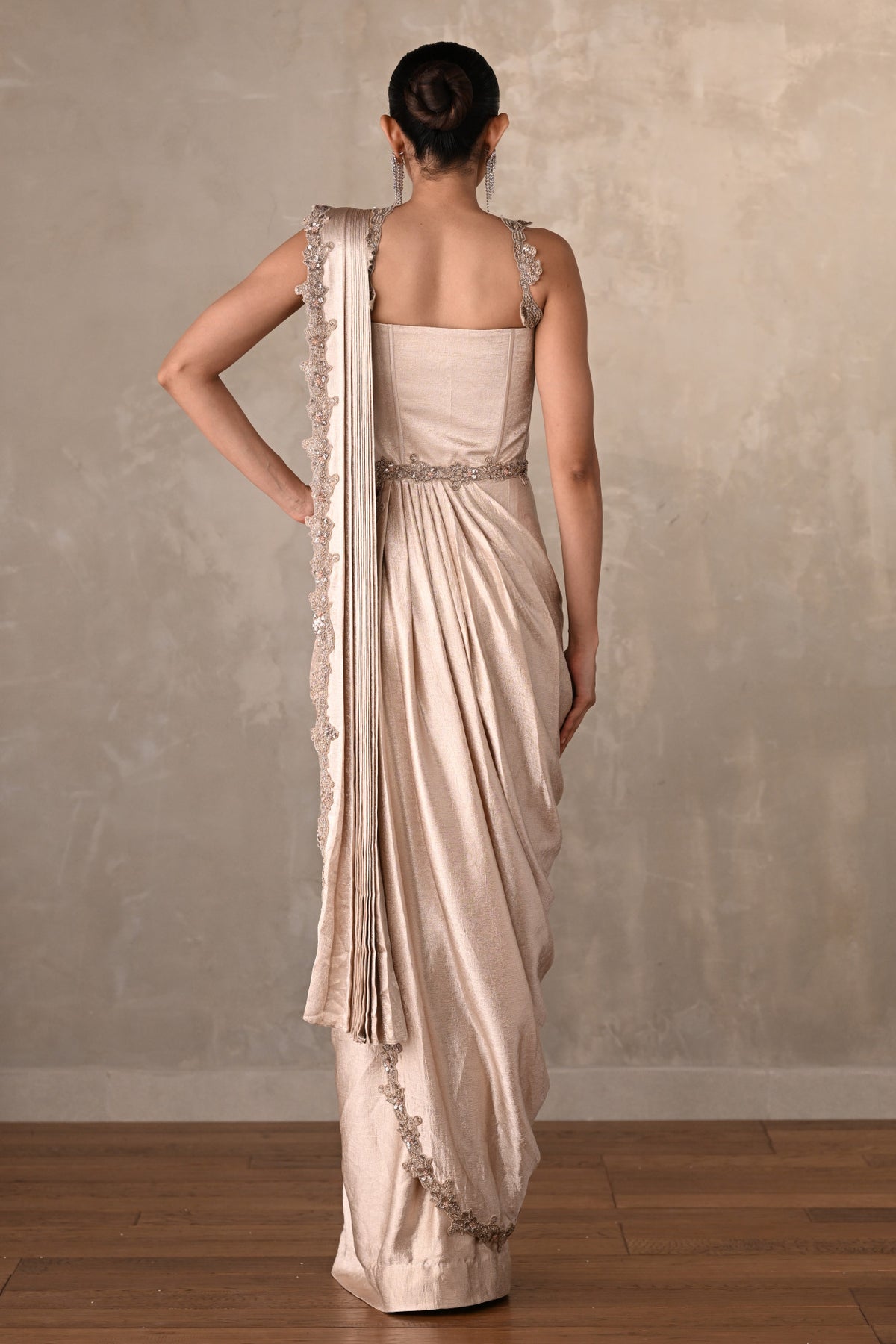 Champagne Gold Satin Draped Gown With Embellished Corset