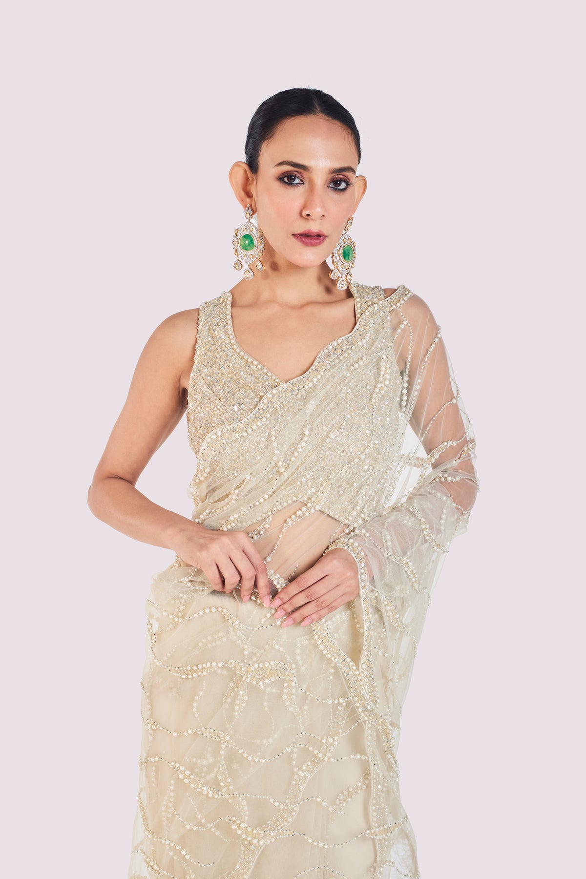 Ivory Embellished Net Saree