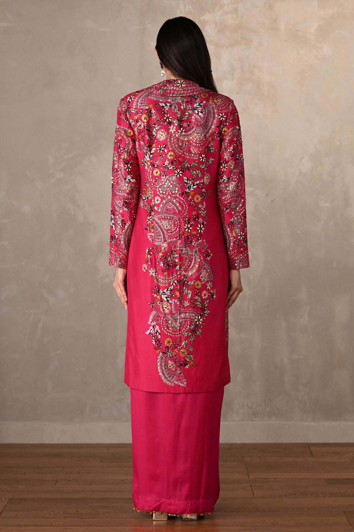 Rani Silk Draped Skirt Set With Embroidered Long Jacket