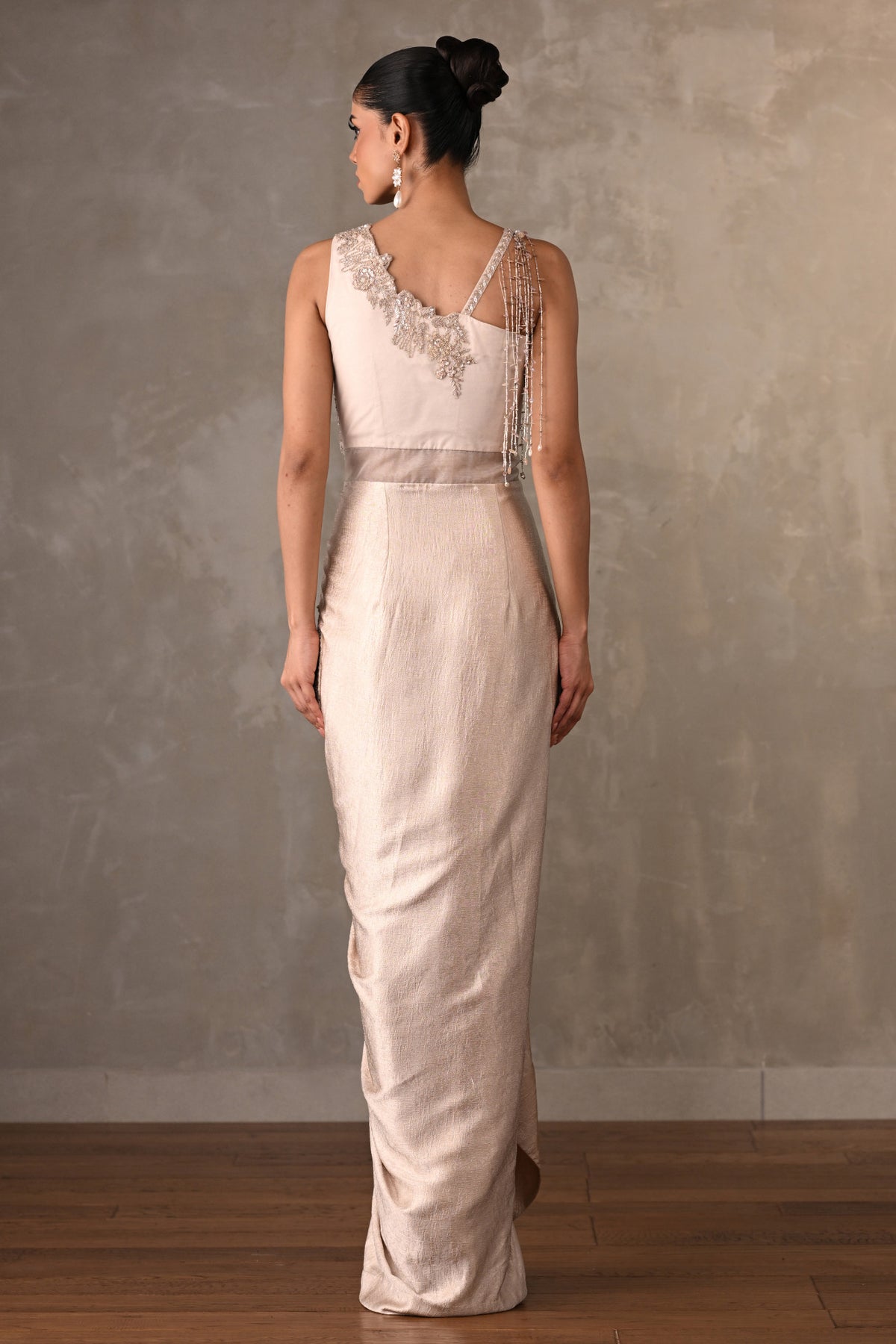 Embellished Satin Drape Gown With Pearl Detailing