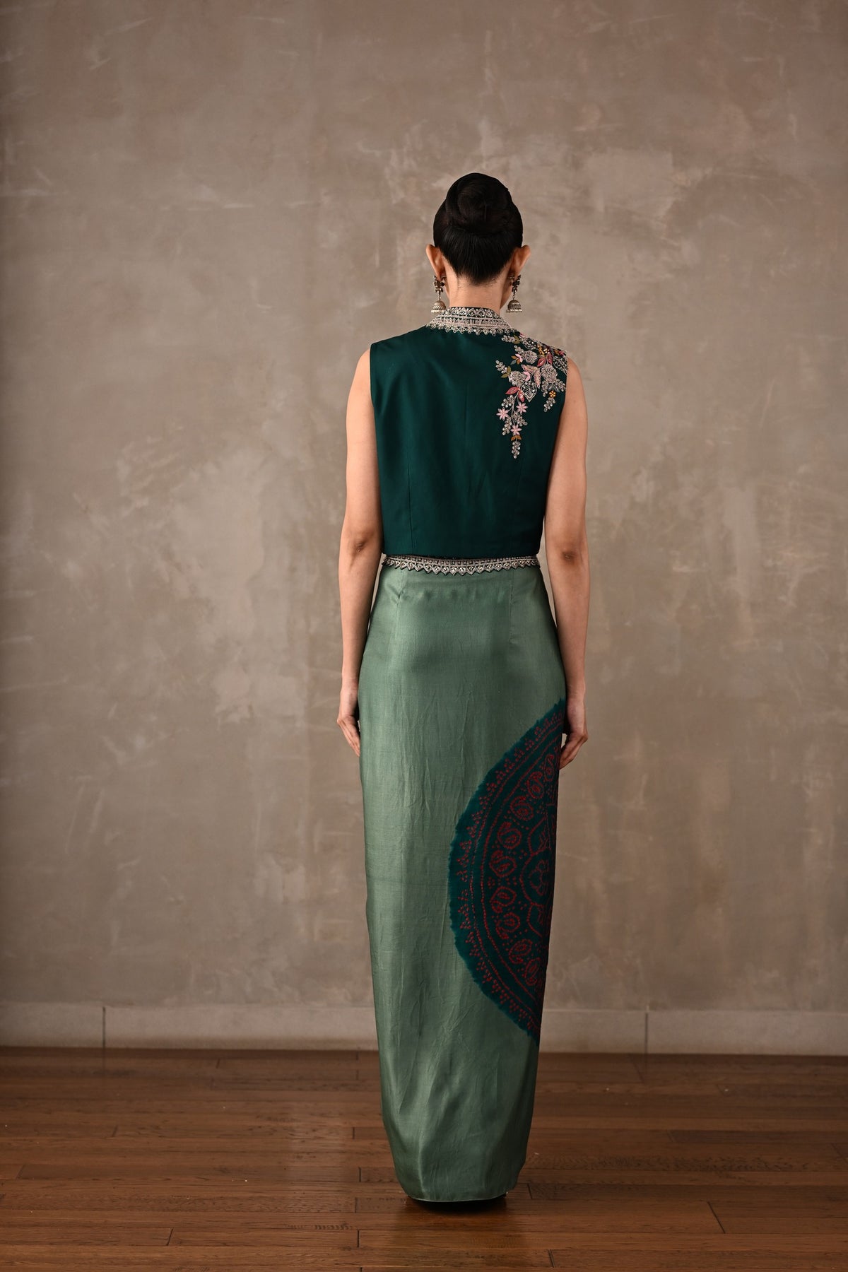 Embroidered Crop Top & Bandhej Drape Skirt Set