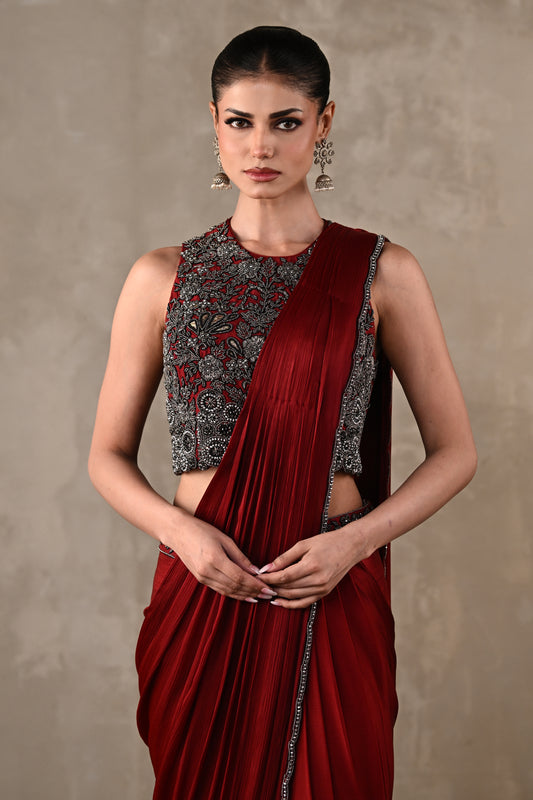 Maroon Embroidered Drape Saree Set