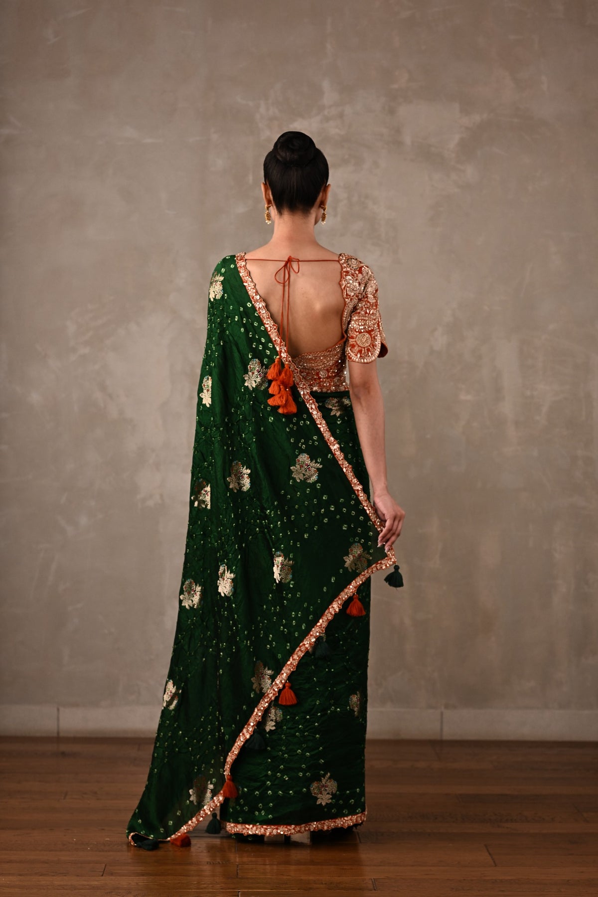 Katan Silk Bandhej Saree with Embroidered Blouse