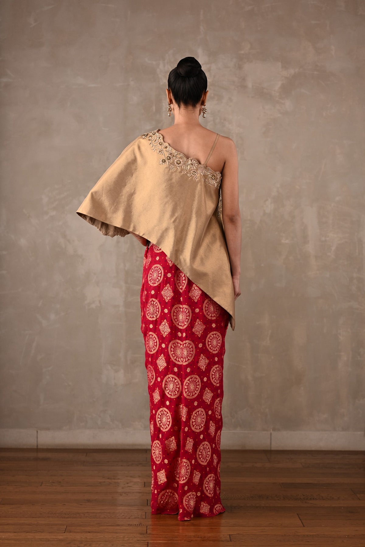 One-Shoulder Embroidered Top & Banarasi Skirt Set