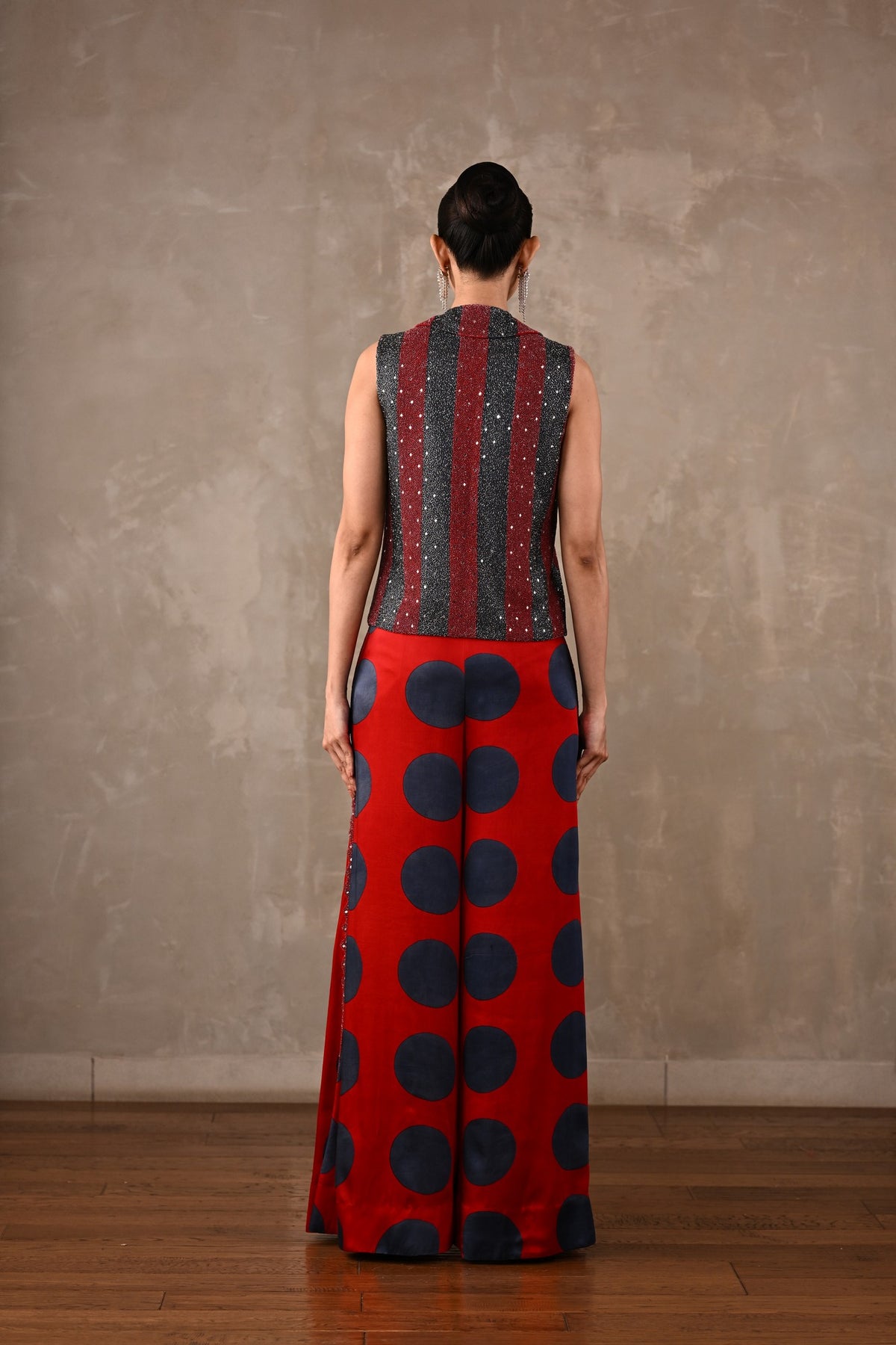 Embellished Vest & Polka Wide-Leg Pants Set