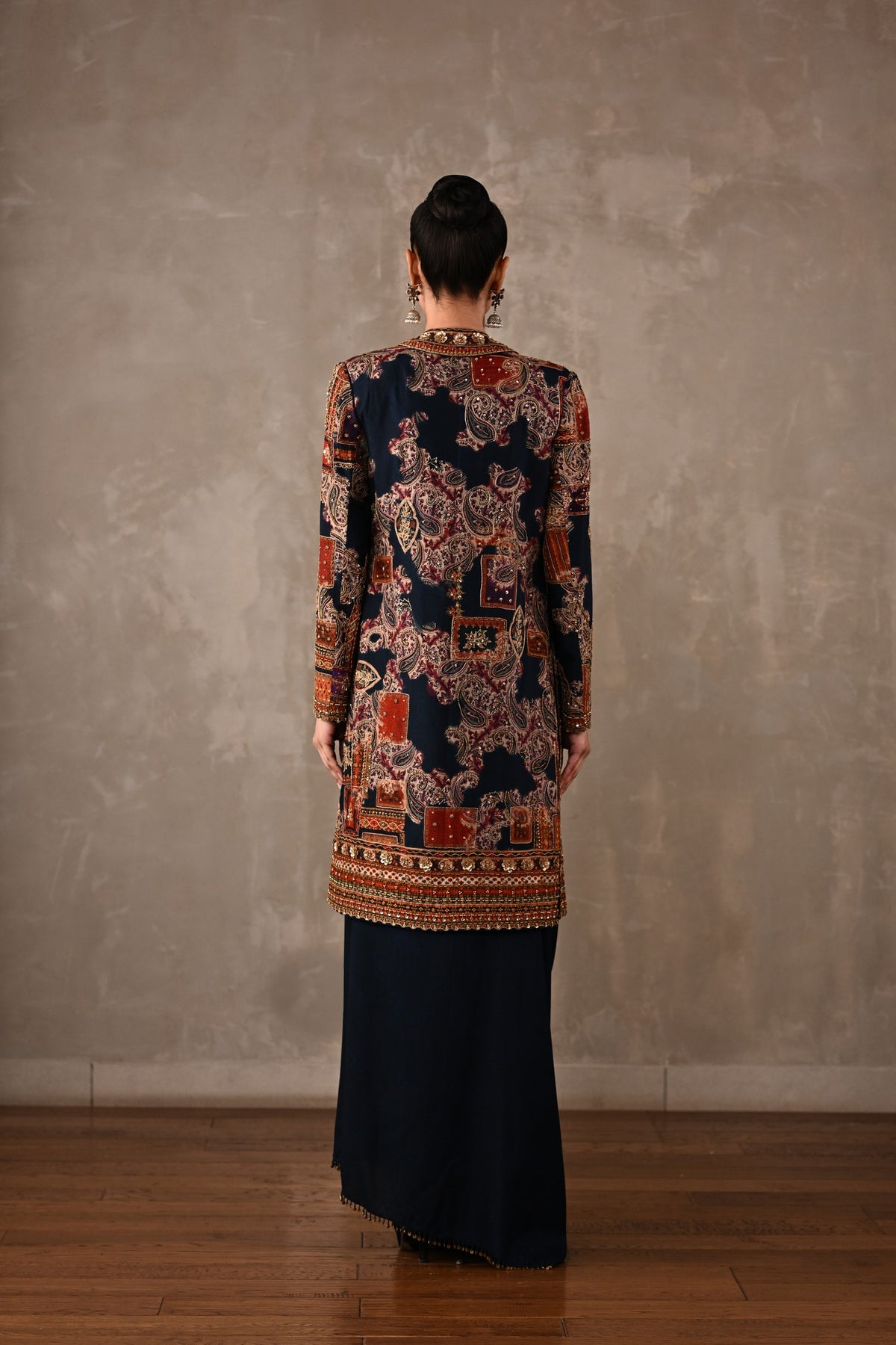 Patchwork-Inspired Long Jacket Skirt Set