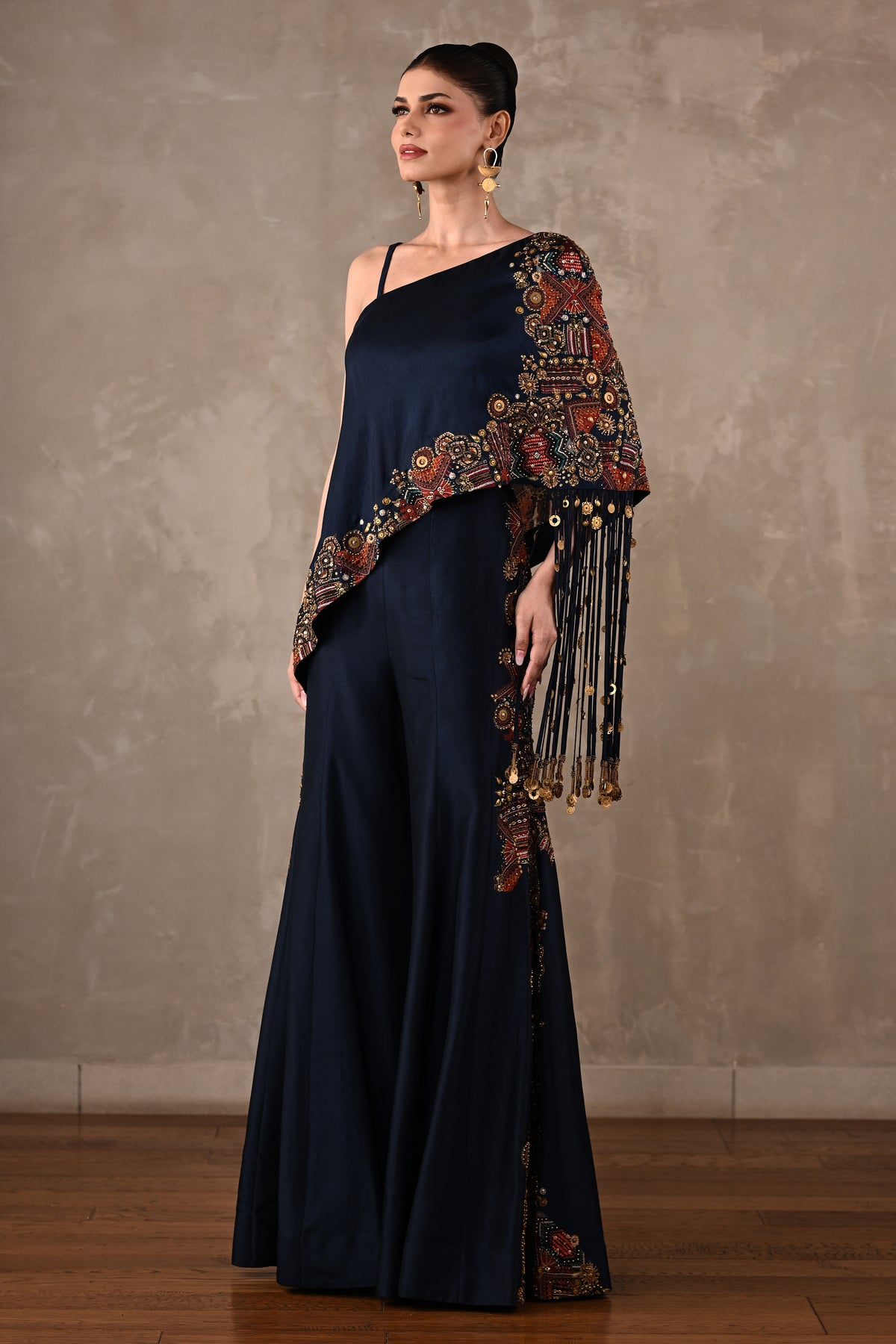 Embellished One-Shoulder Top & Flared Pants Set