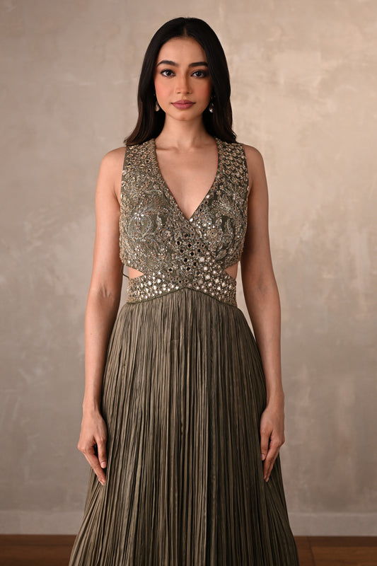 Moss Mirror Embroidered Pleated Gown