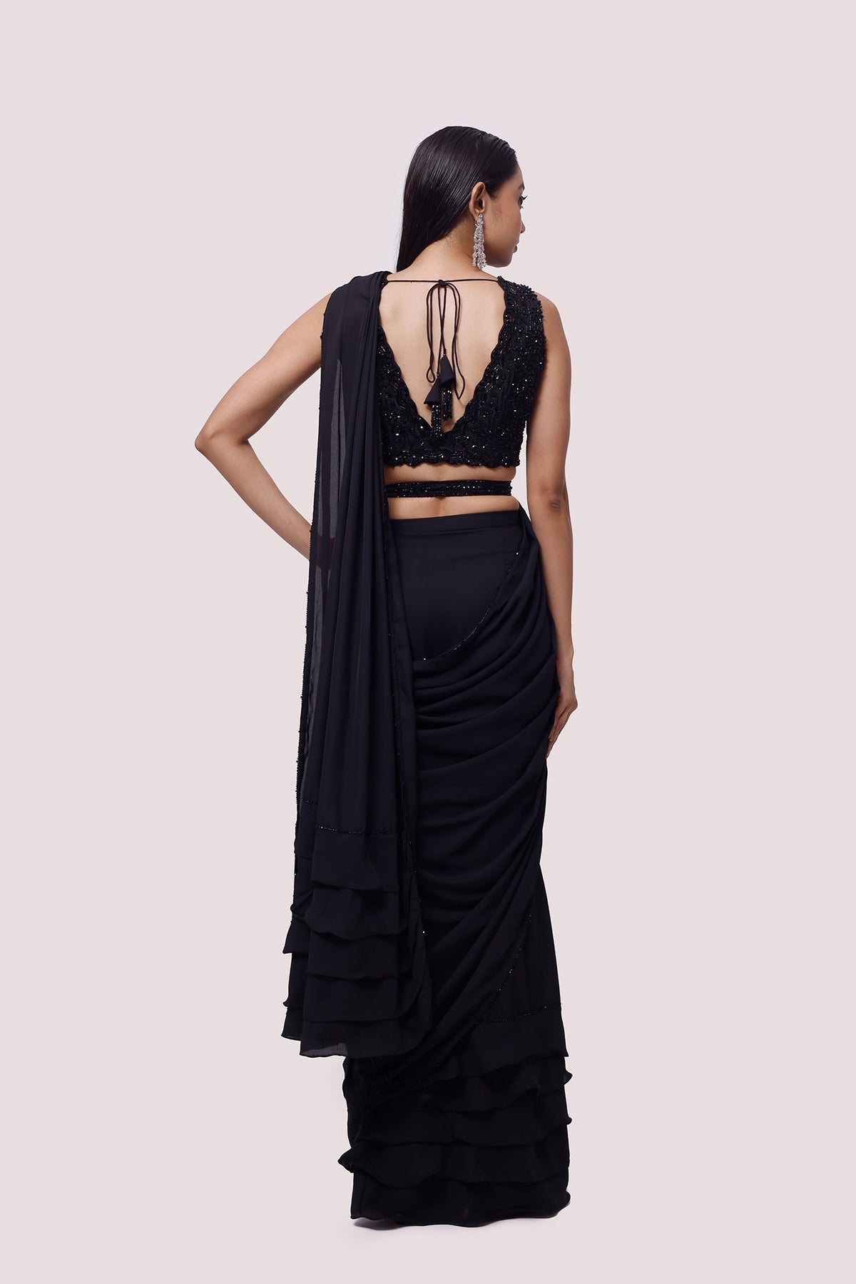 Midnight Black Embellished Drape Saree