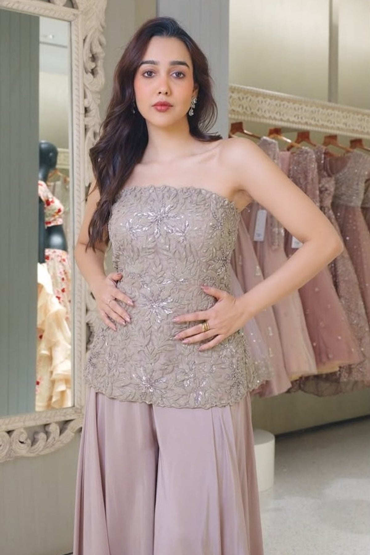 Embellished Corset Top with Flowing Wide-Leg Pants