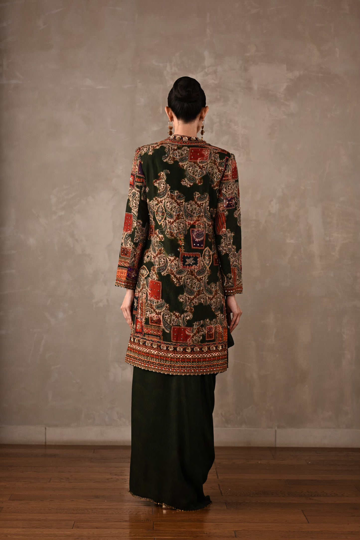 Patchwork-Inspired Long Jacket Skirt Set