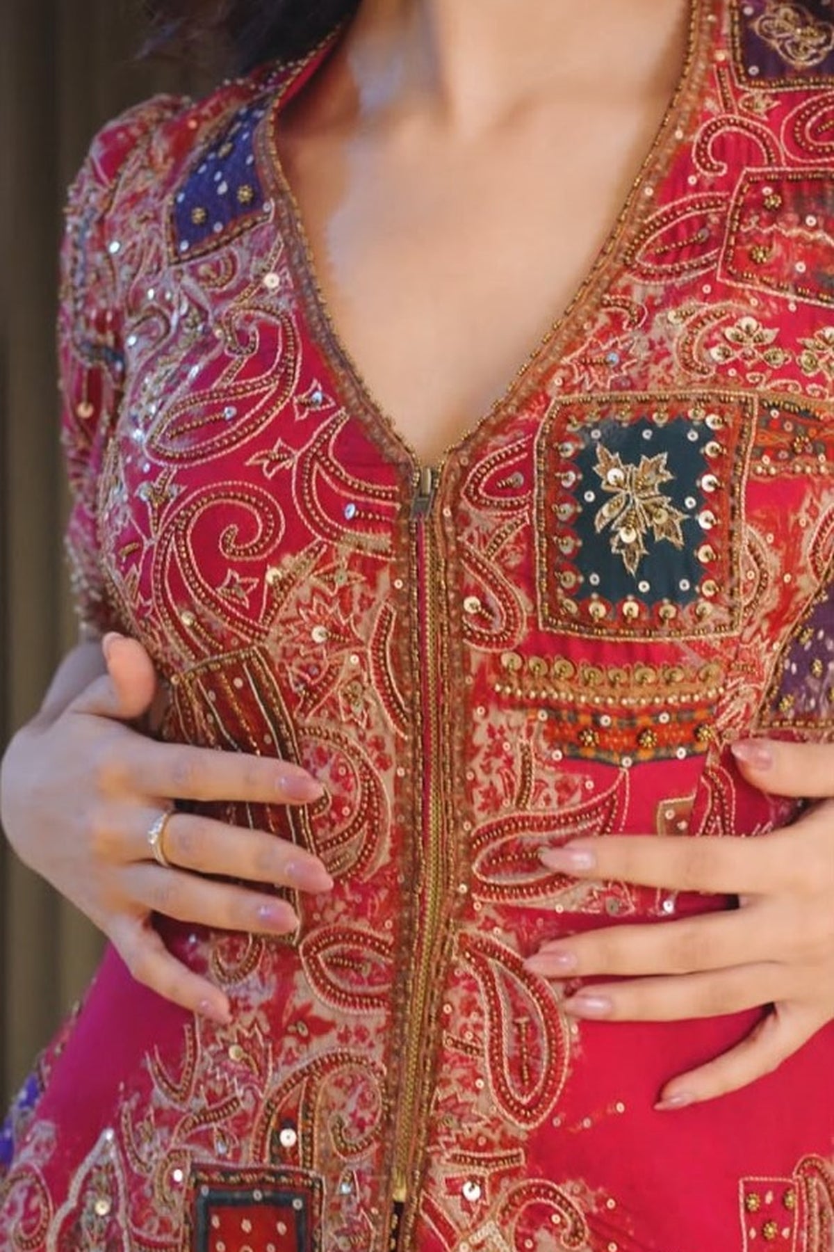Embellished V-Neck Peplum Top with Wide-Leg Trousers