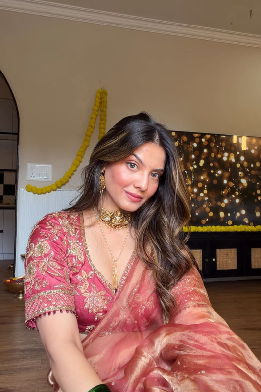 Embellished Saree with V-Neck Blouse