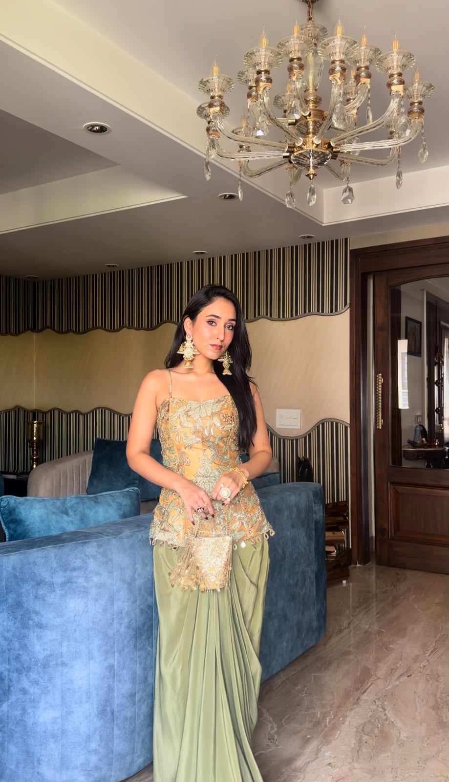 Gold-Green Embellished Corset Set