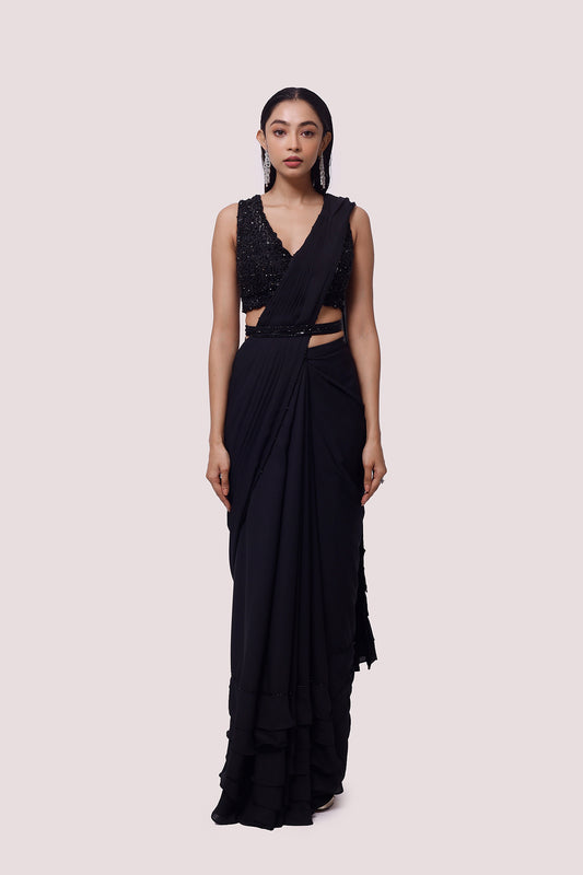 Midnight Black Embellished Drape Saree