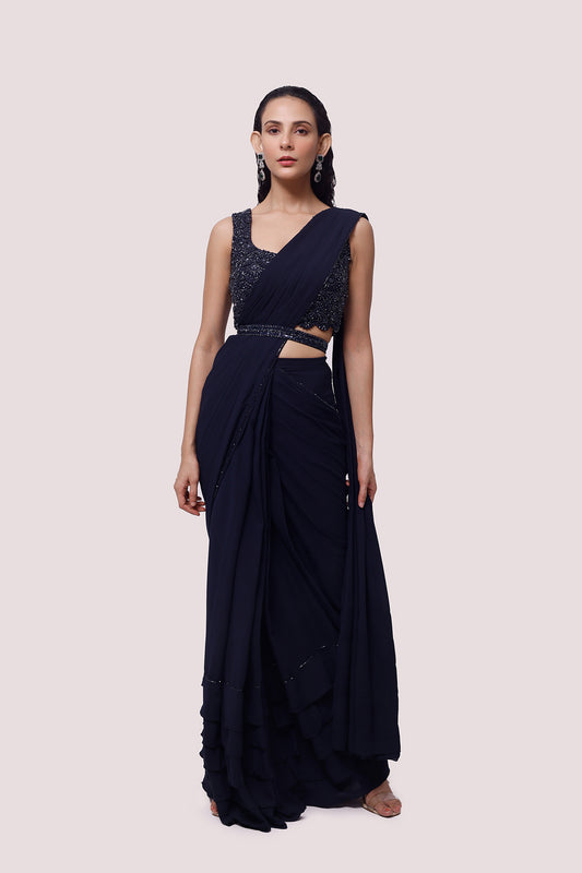 Navy Blue Georgette Drape Saree With Soft Ruffles