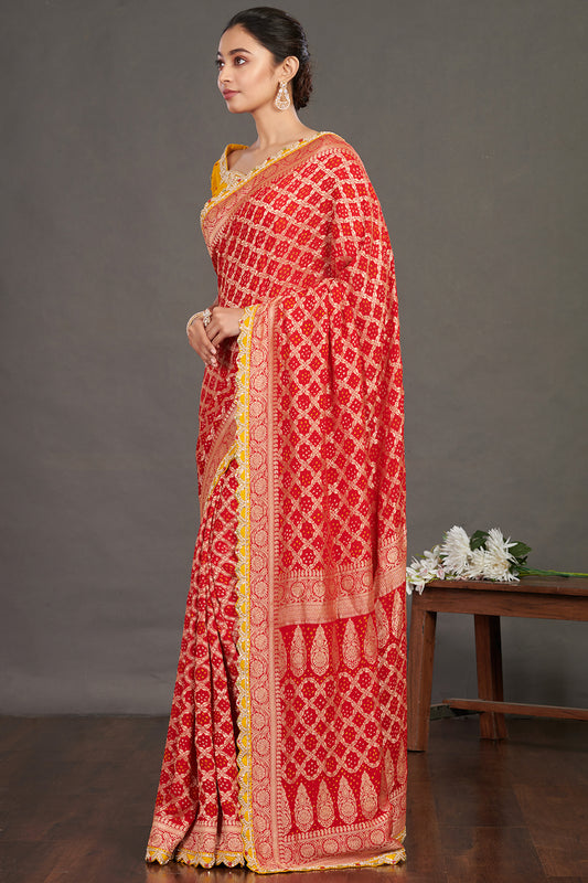 Red Bandhej Bulian-work Saree