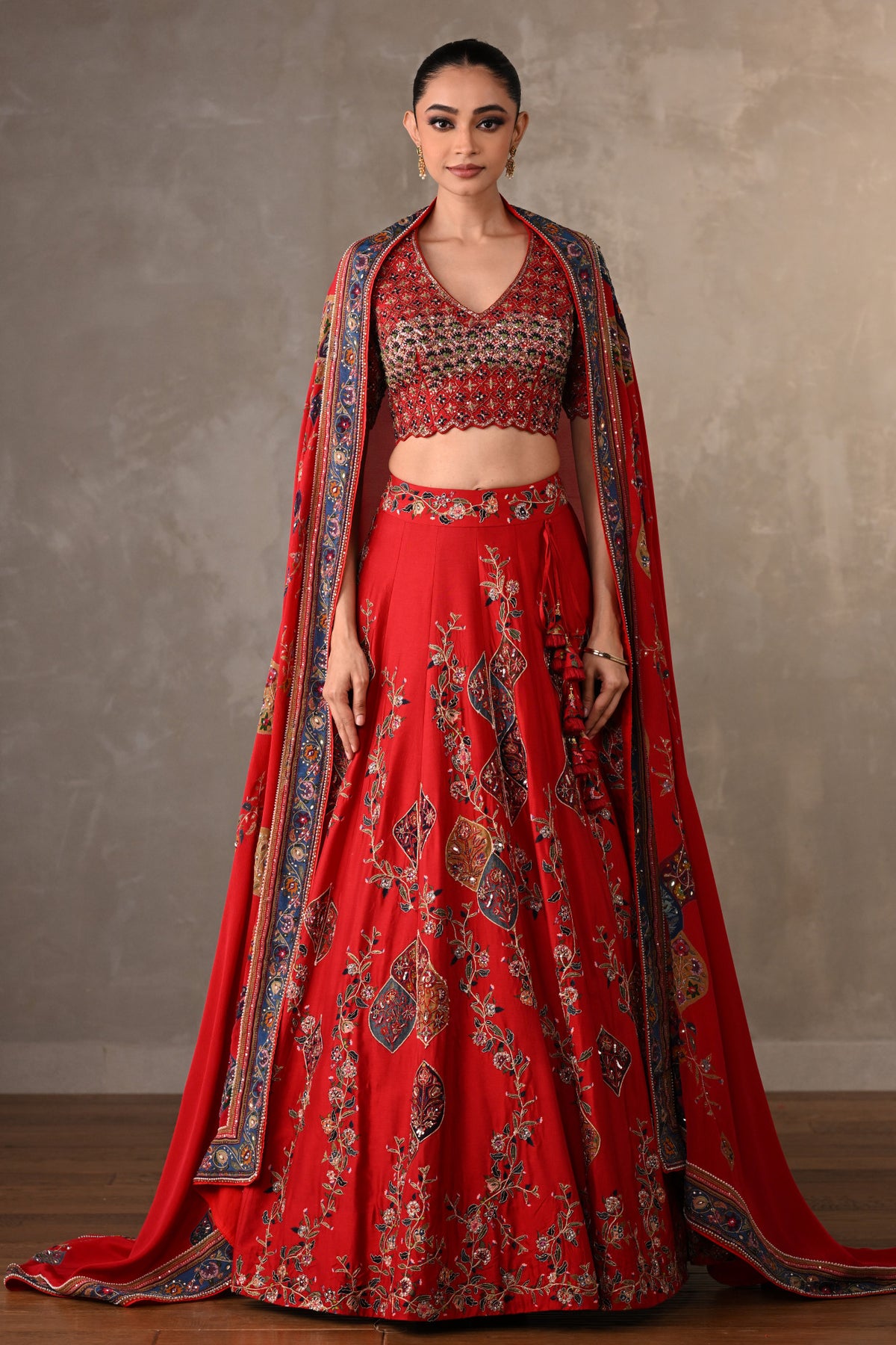 Red Silk Lehenga Set With Thread & Pearl Work