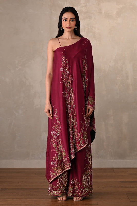Red Silk One-Shoulder Kurta Set With Embroidered Sharara