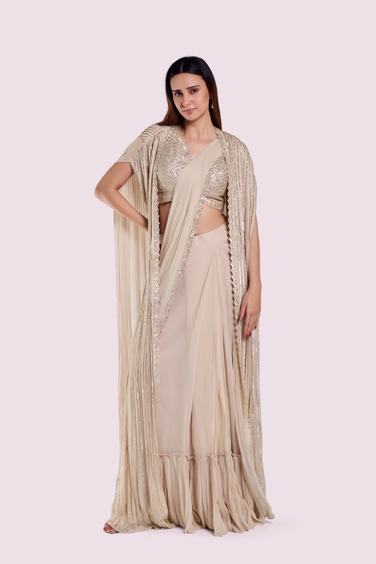 Embellished Drape Saree With Longline Cape