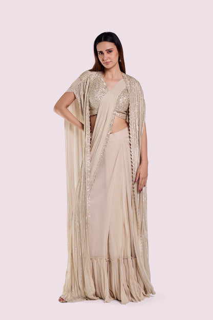 Embellished Drape Saree With Longline Cape