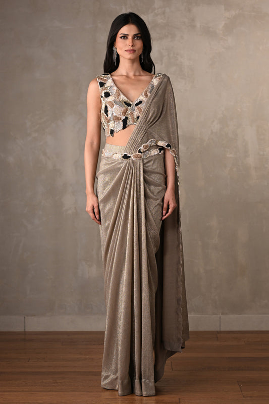 Dusty Grey Embellished Drape Saree Set